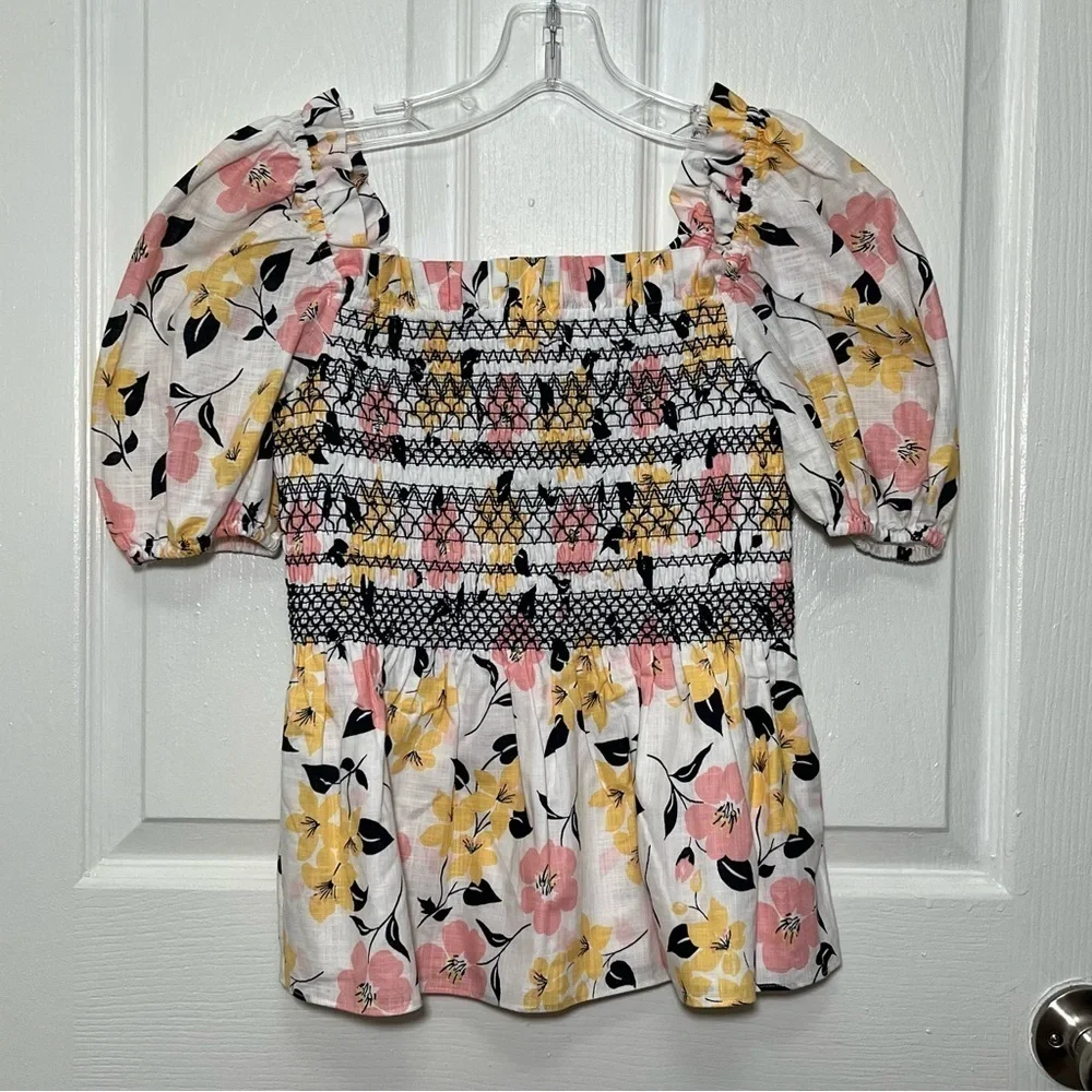 NWT KATE SPADE Lilly Blooms Floral Smocked Puff Sleeve Top | size XS